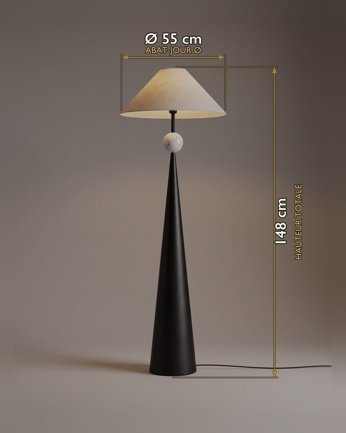 Carte des dimensions du lampadaire cône effet noyer à abat-jour plissé