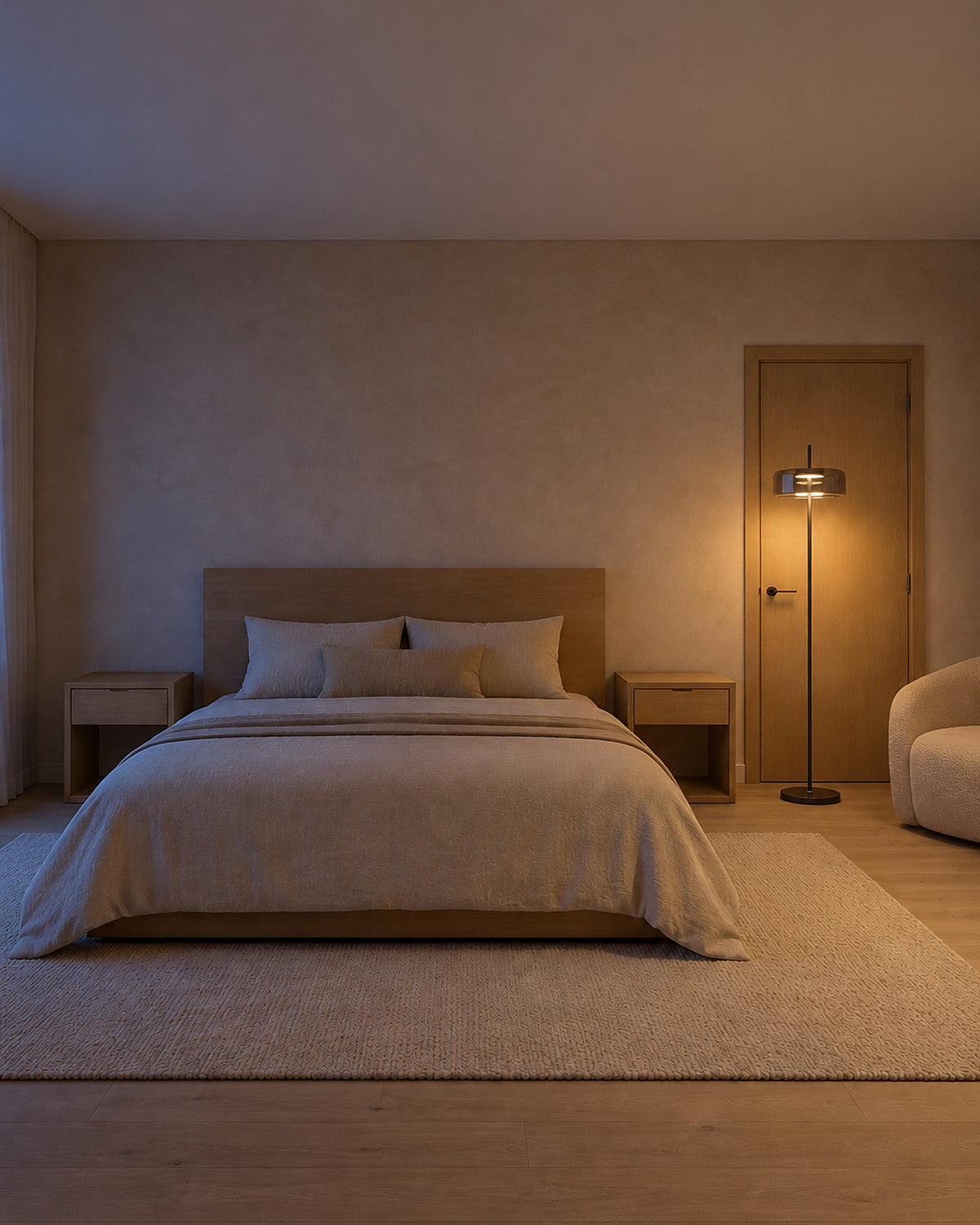 Lampadaire Palet dans une chambre, en soirée