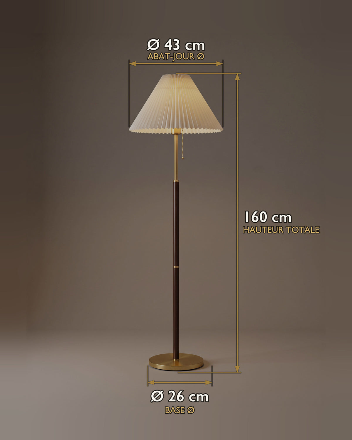 Carte des dimensions du lampadaire ombrelle plissée, bois et laiton