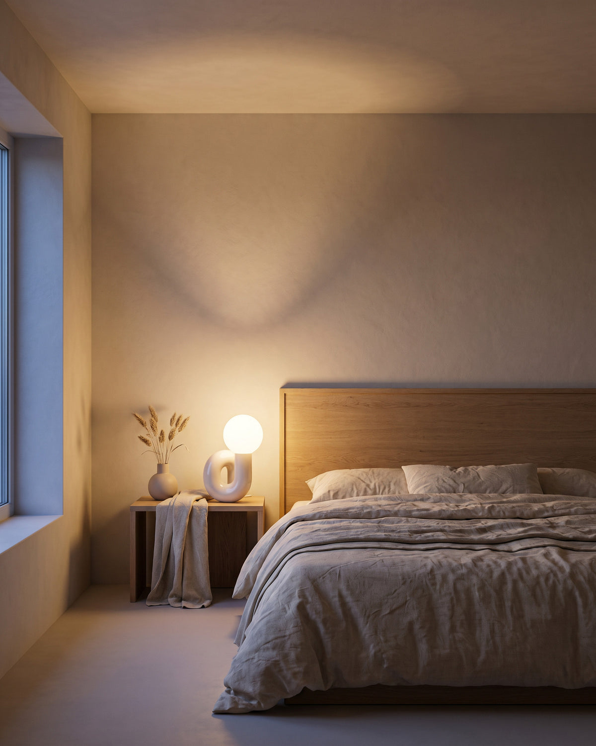Lampe de table Volute, dans une chambre, vue d'ensemble qui montre sa taille réelle