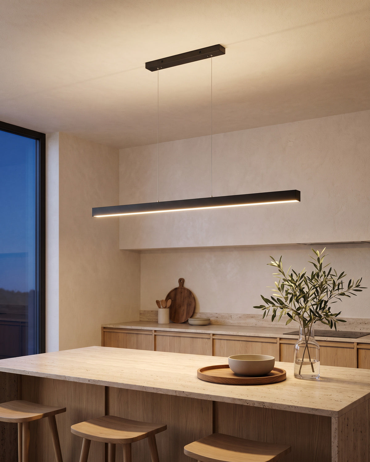 Suspension Trait (barre LED fine, noir ou blanc) dans une seconde pièce, allumé