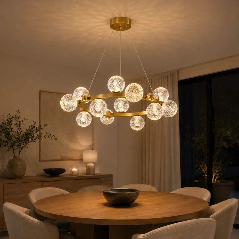 Lustre à globes de verre au-dessus d'une table ronde