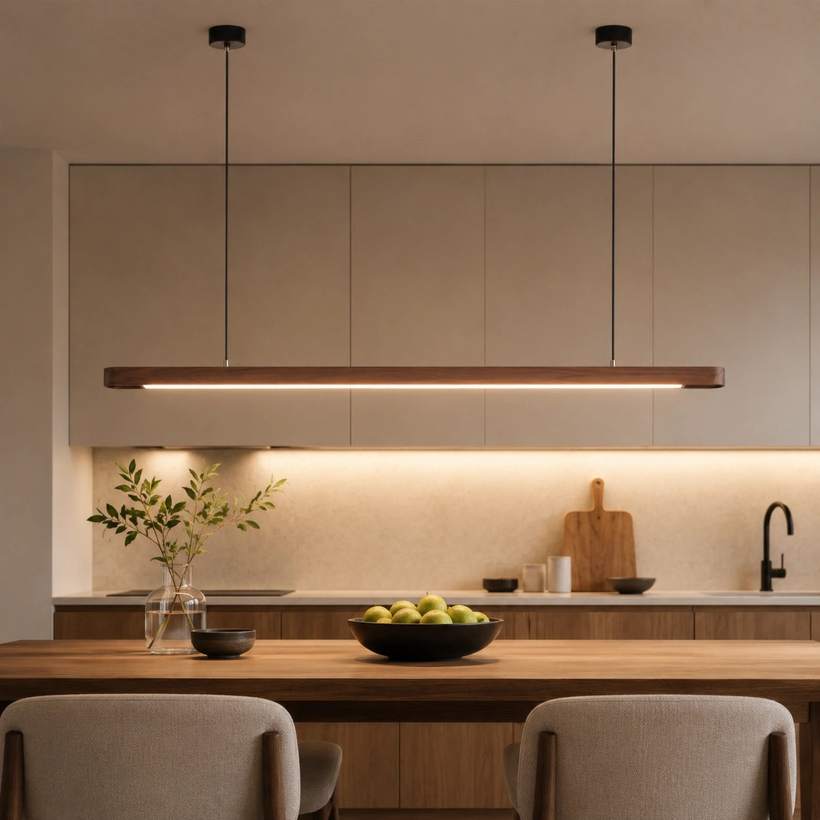 Cuisine sous une suspension linéaire en bois