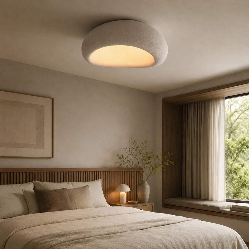 Chambre éclairée par un plafonnier effet pierre