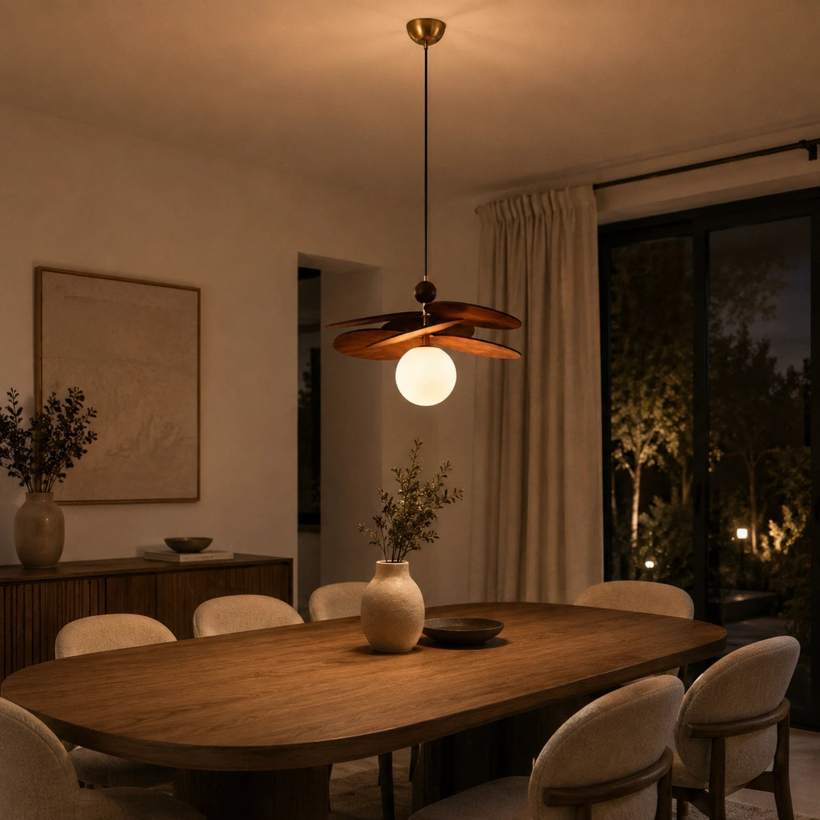 Salle à manger sous un lustre en bois