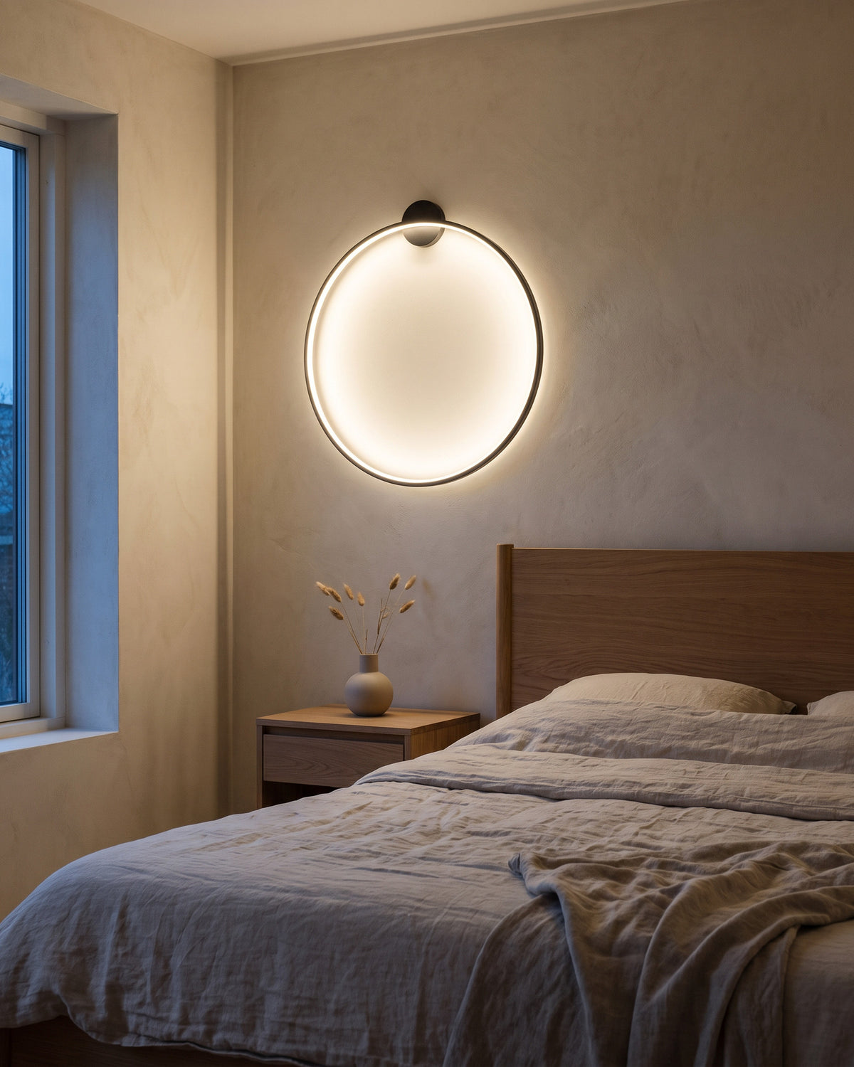Applique Cerceau (anneau LED noir très fin) dans une pièce, allumé en soirée