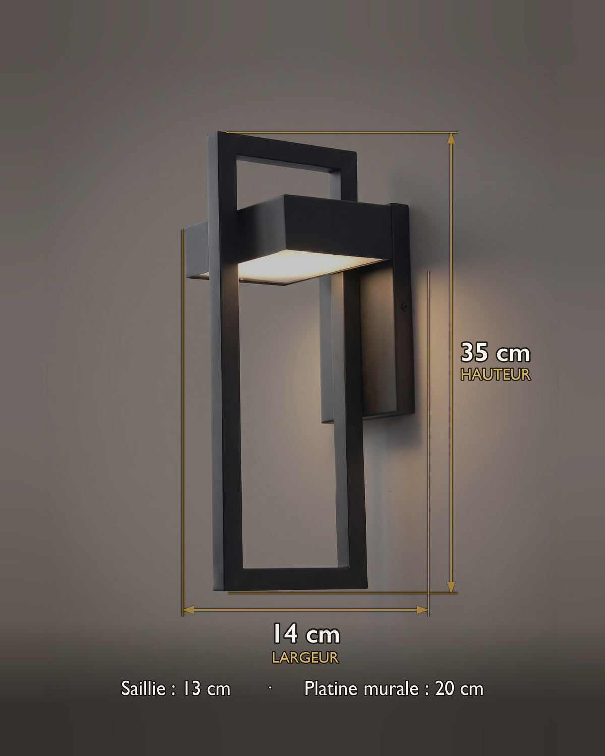 Carte des dimensions de l'applique extérieure à cadre rectangulaire noir