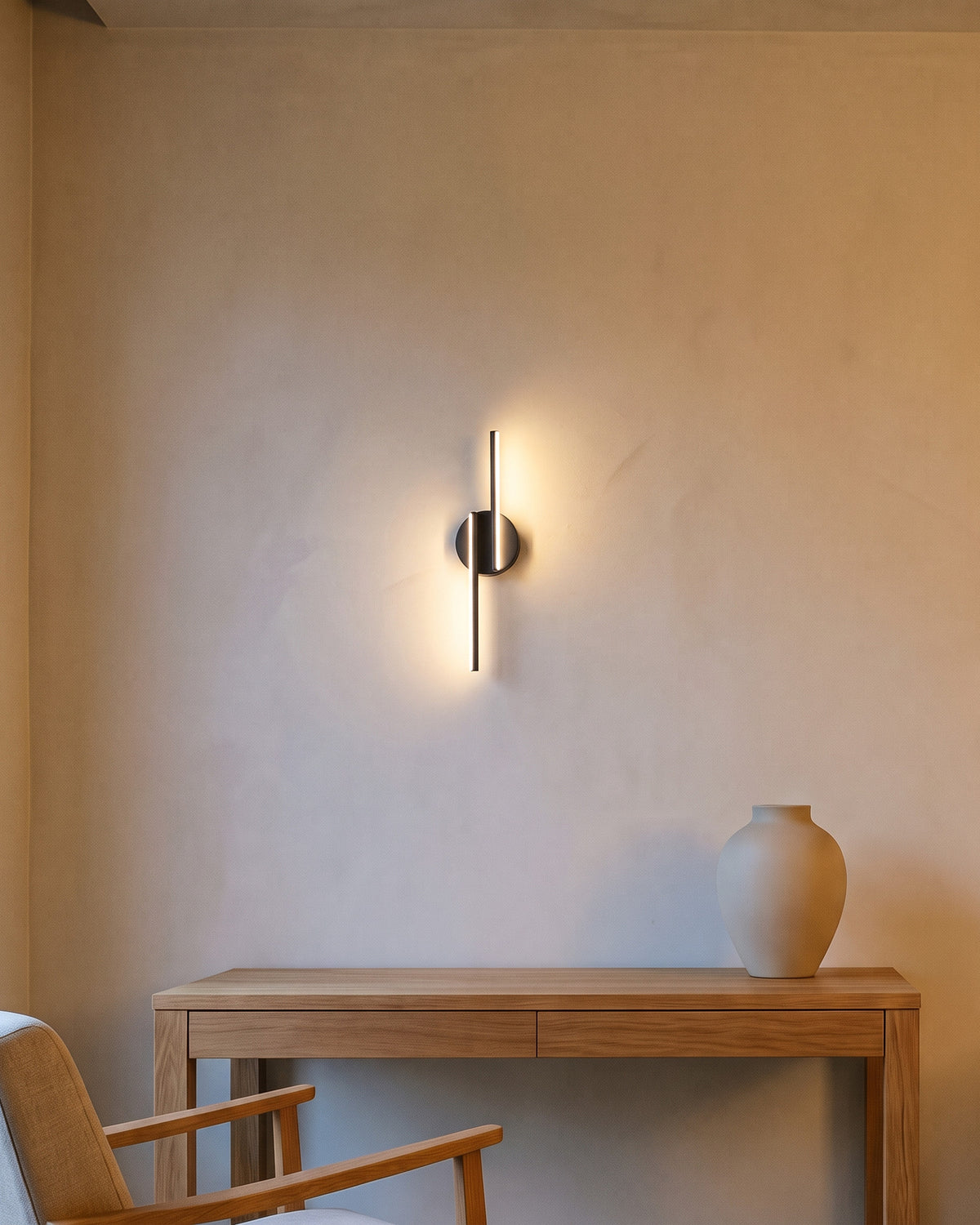 Applique Gnomon (barre LED et disque noir) dans une seconde pièce, allumé