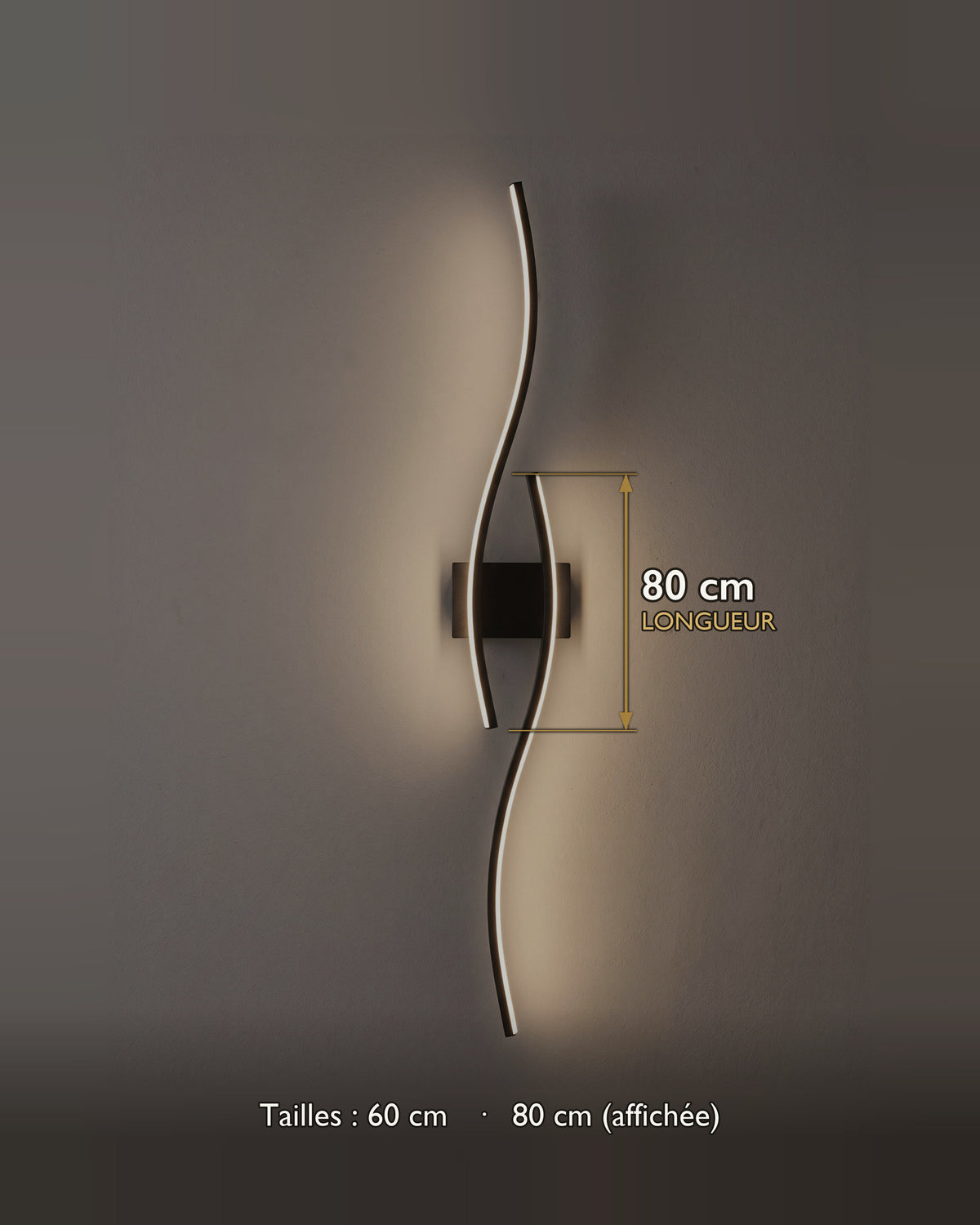 Applique Méandre, 80 cm : double ligne LED ondulée noire sur une platine rectangulaire