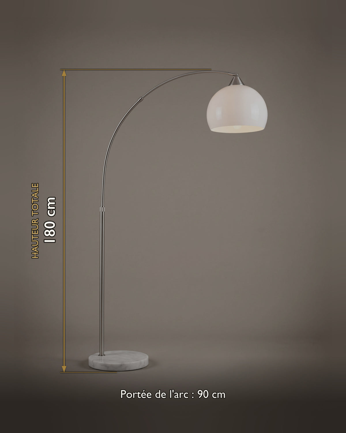 Carte des dimensions du lampadaire arceau à dôme et socle en marbre