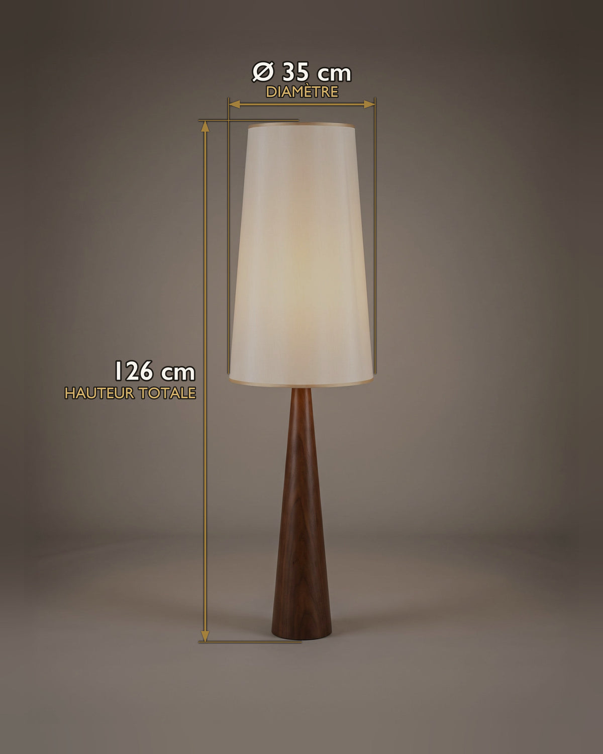 Lampadaire Fuseau : carte des dimensions, diamètre Ø 35 cm, hauteur totale 126 cm