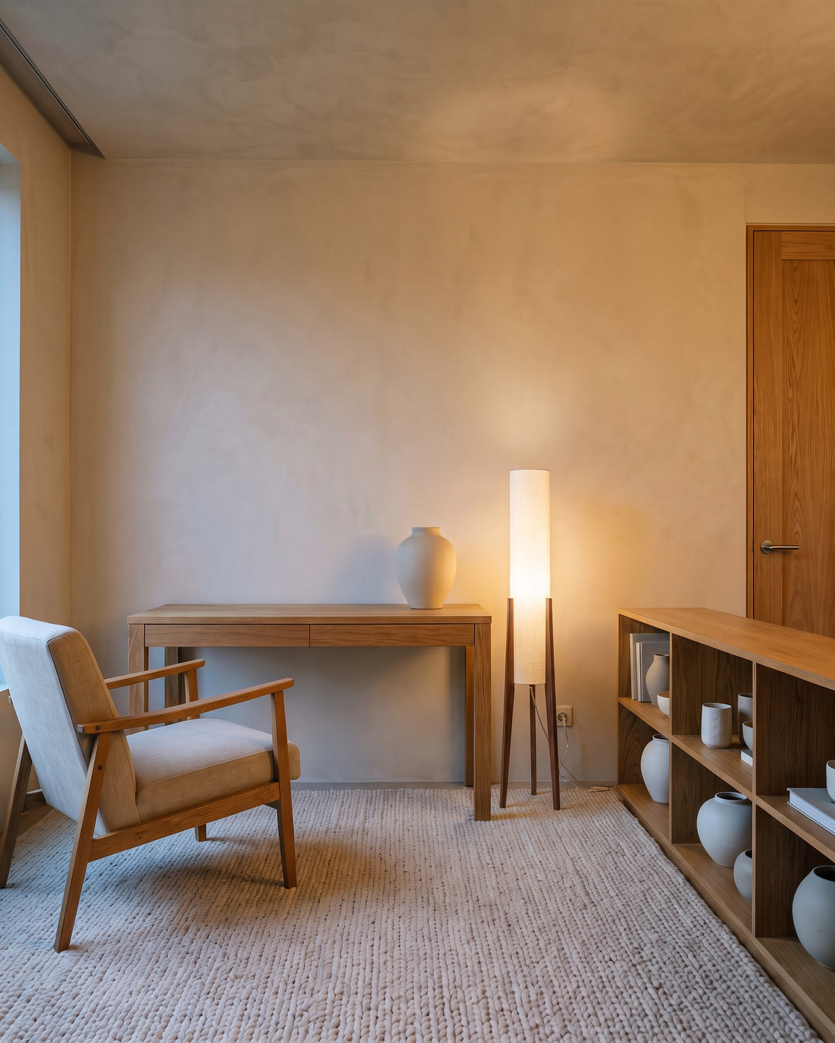 Lampadaire Menhir (colonne de tissu et trépied) dans une seconde pièce, allumé