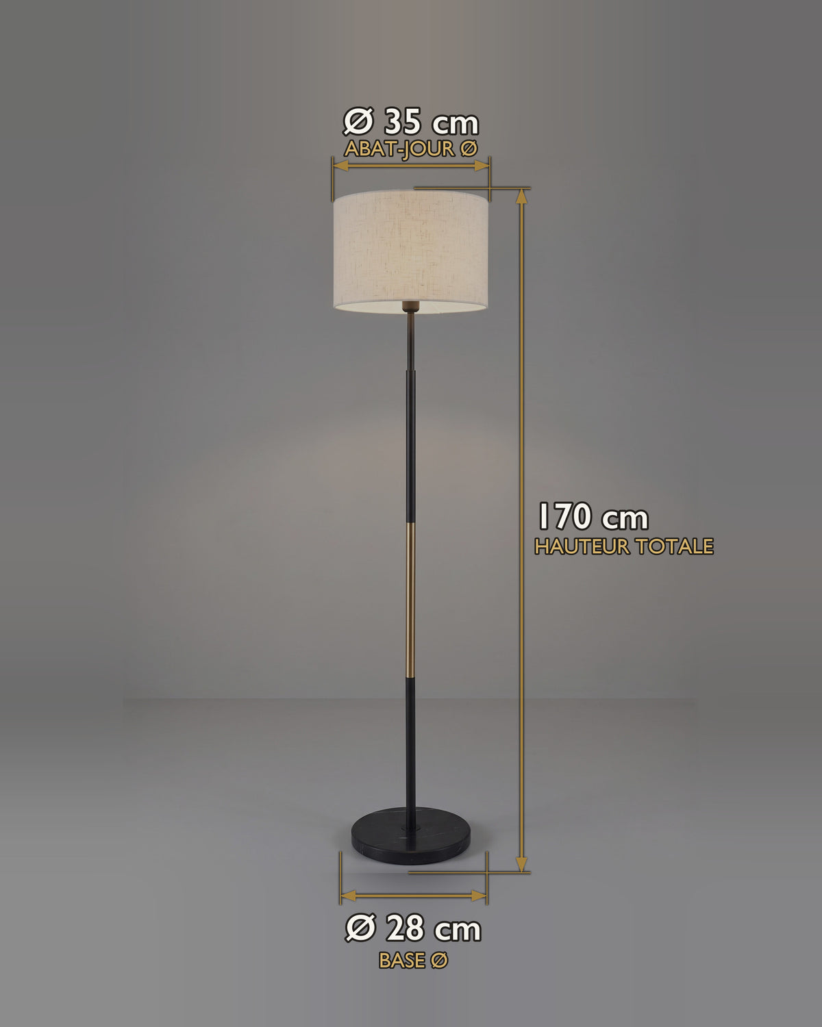Carte des dimensions du lampadaire fin noir et bois à abat-jour en tissu