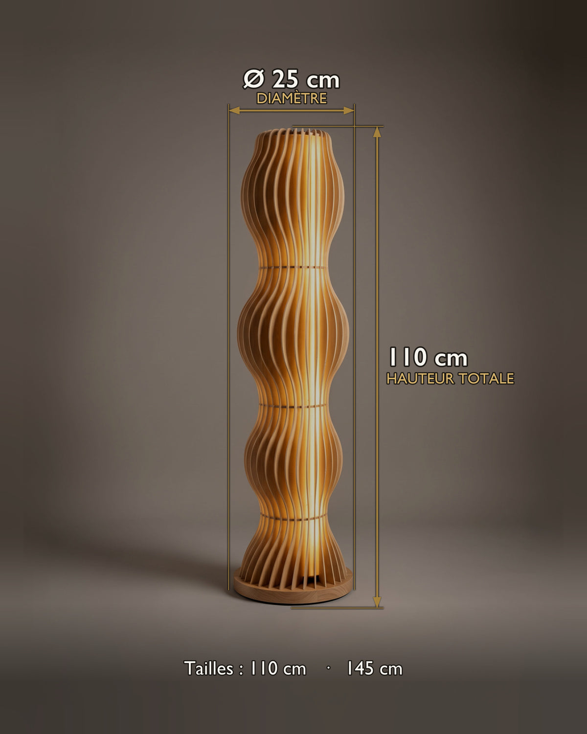 Carte des dimensions du lampadaire sculpture en lamelles de bois torsadées