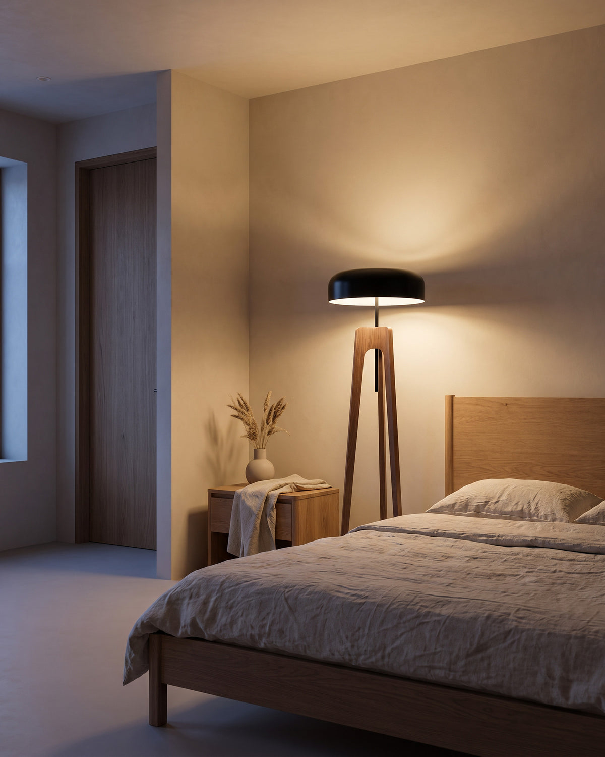 Lampadaire Chapeau (trépied bois et chapeau noir) dans une seconde pièce, allumé