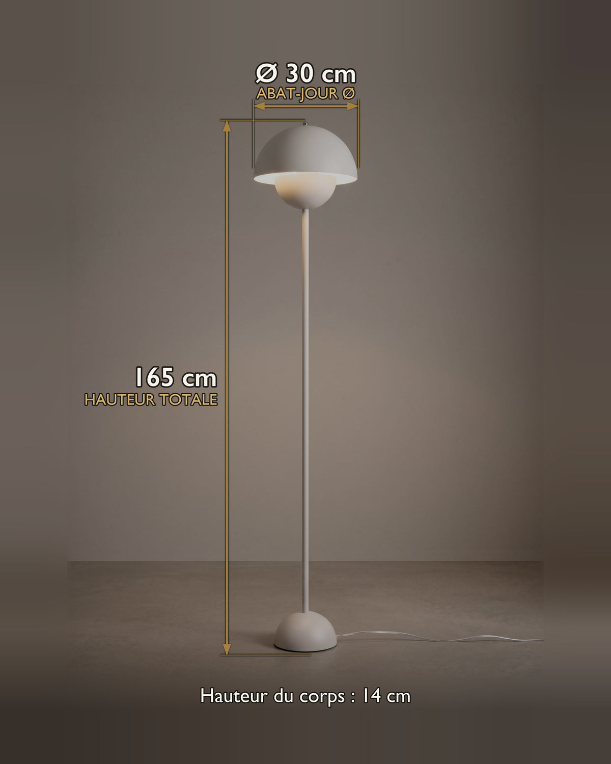 Carte des dimensions de la lampe champignon laquée à dôme arrondi