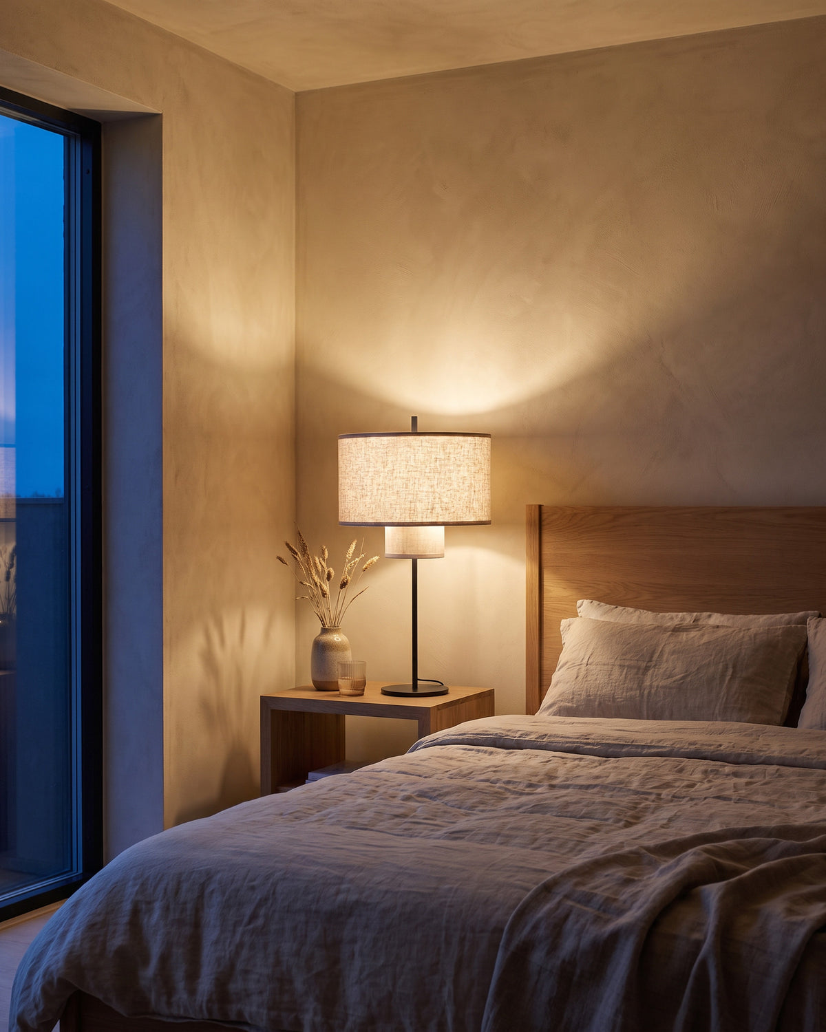 Lampe de table Duplex (double abat-jour en tissu) dans une pièce, allumé en soirée