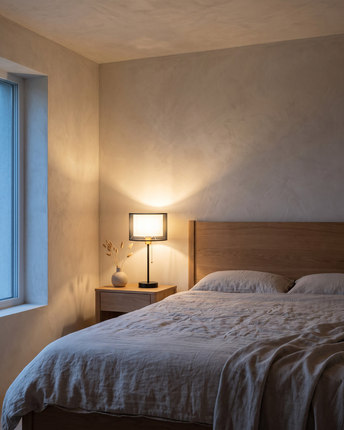 Lampe de table Gaze dans une chambre, vue d'ensemble qui montre sa taille réelle