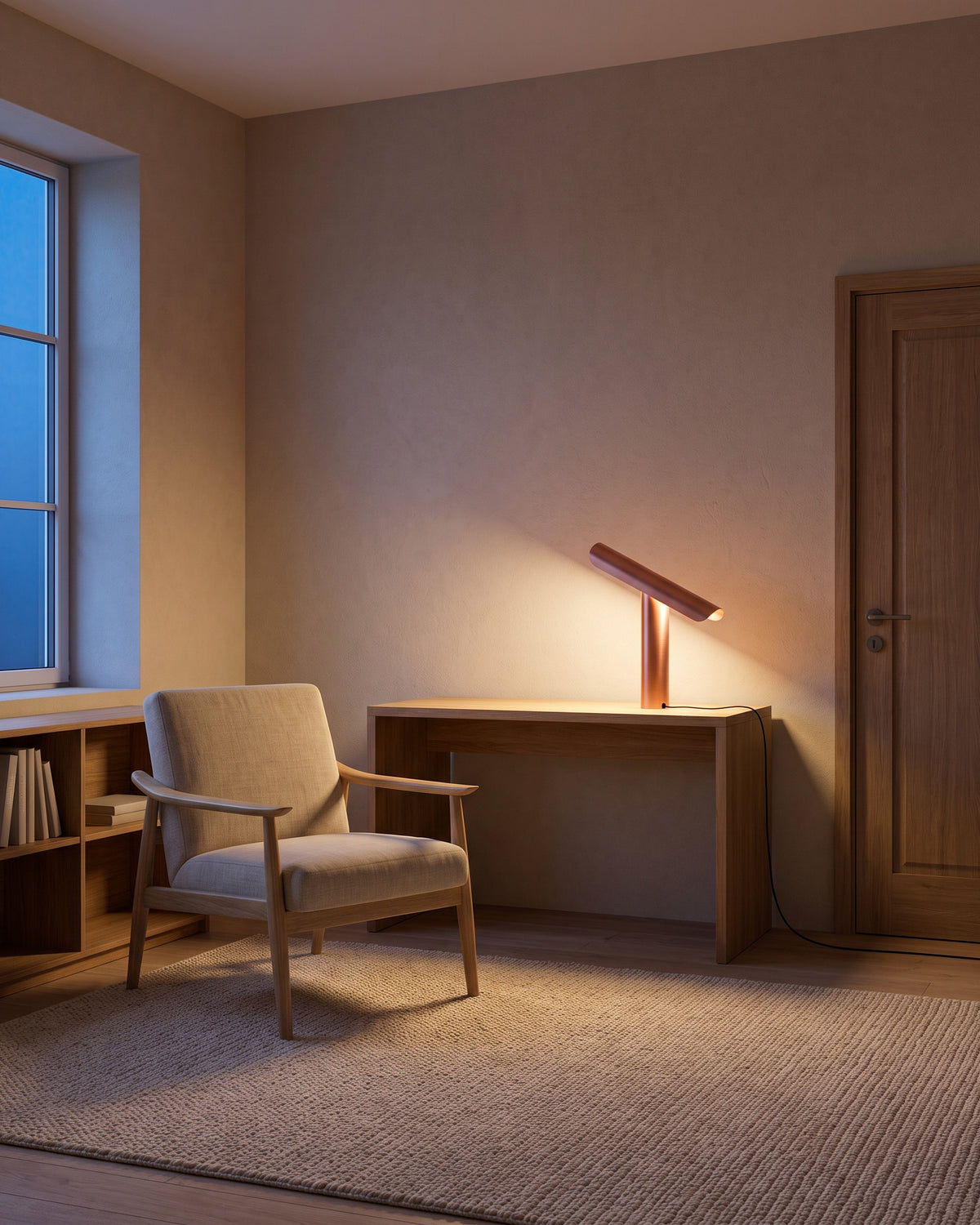 Lampe de table Gouttière, dans un coin lecture, vue d'ensemble qui montre sa taille réelle