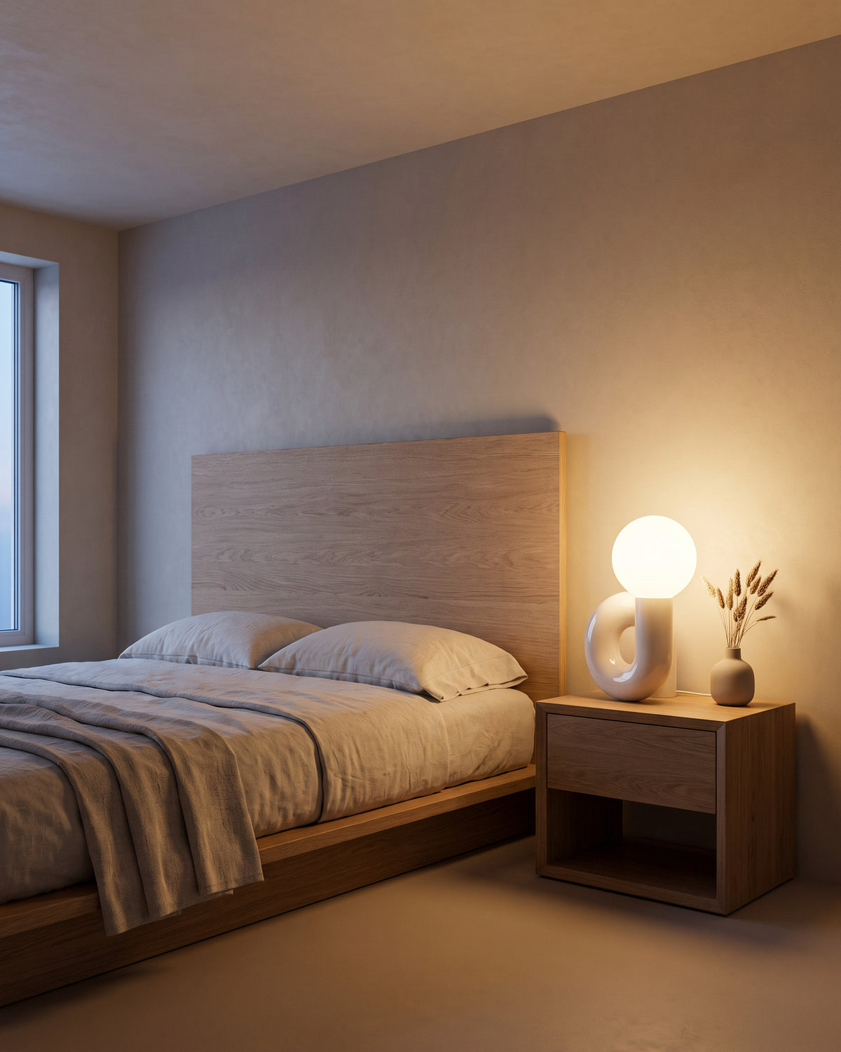 Lampe de table Volute, dans une chambre, en soirée