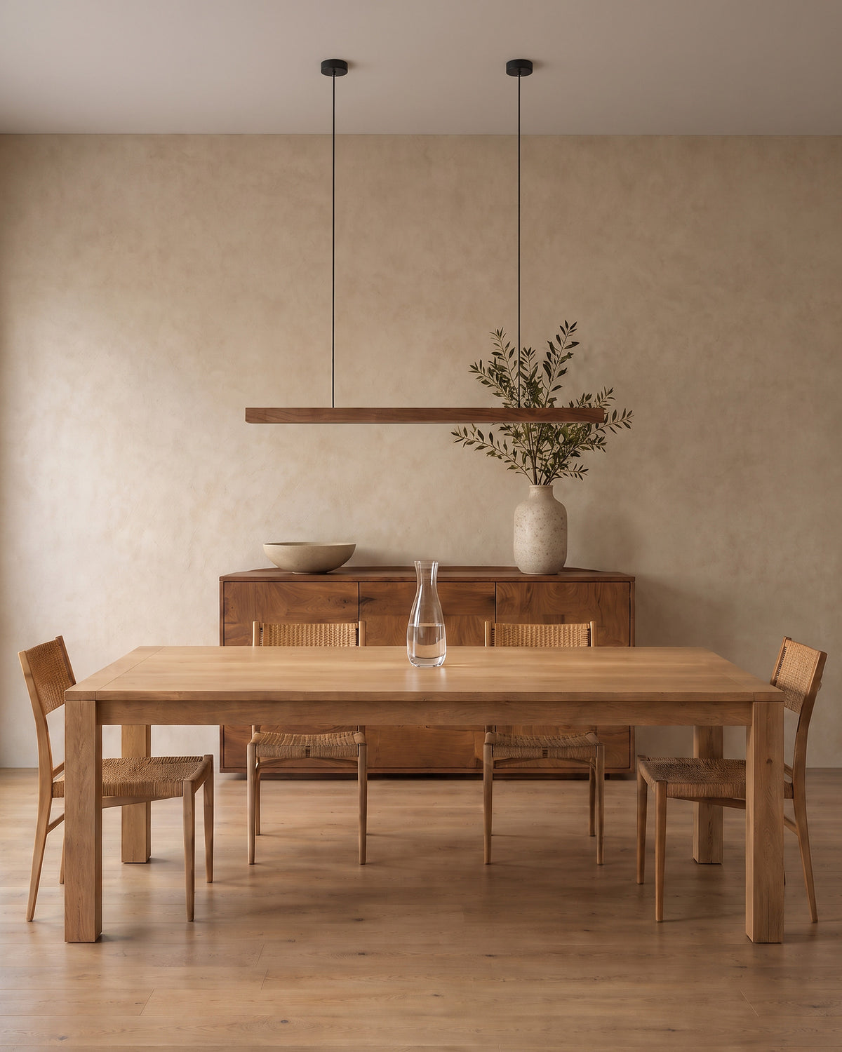 Suspension Ligne éteinte en journée au-dessus d'une table en chêne, salle à manger
