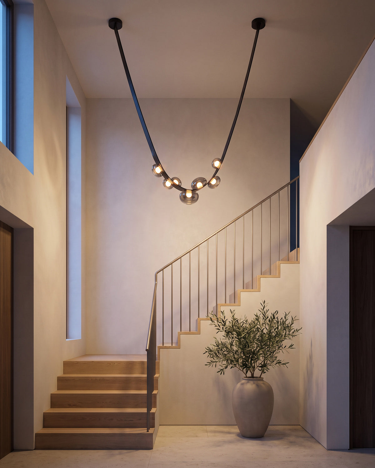 Lustre Collier, dans une cage d'escalier, en soirée, 1 sangle