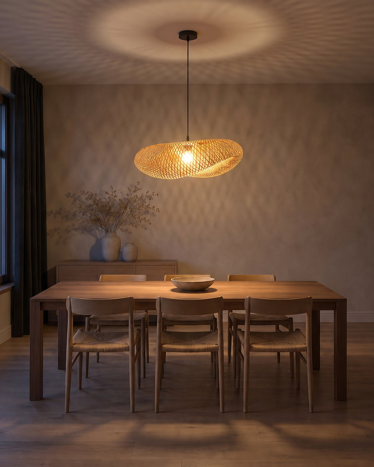 Suspension Natte allumée la nuit au-dessus d'une table en chêne, salle à manger, effet de lumière