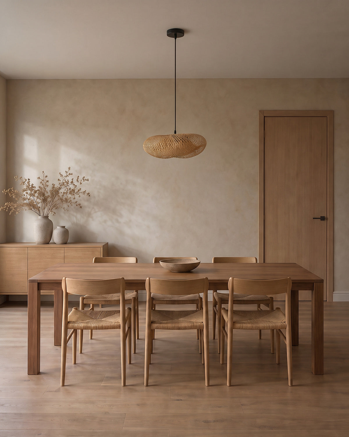 Suspension Natte éteinte en journée au-dessus d'une table en chêne, salle à manger