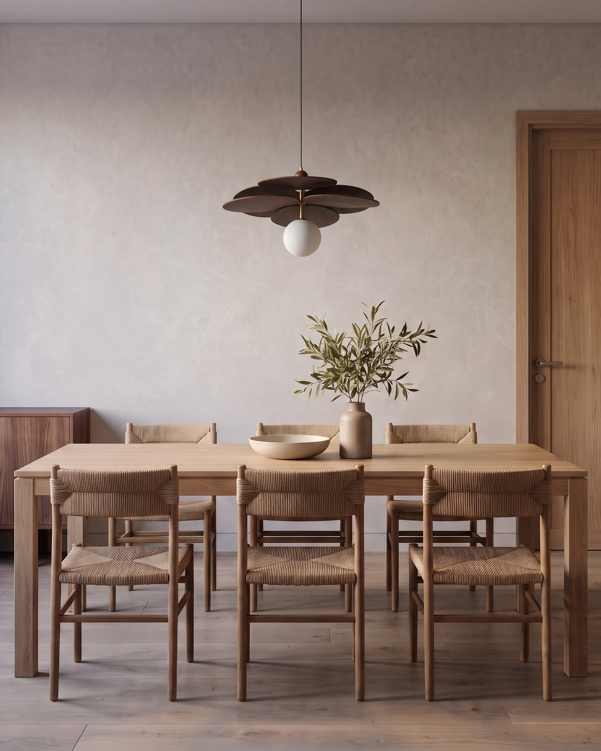 Suspension Pétale : lustre Pétale éteinte en journée au-dessus d'une table en chêne, salle à manger