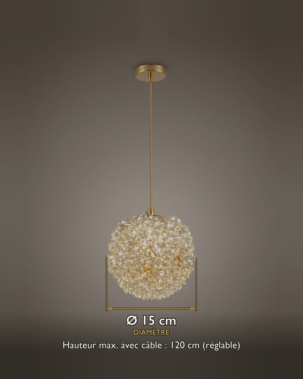 Carte des dimensions du petite suspension boule d'éclats