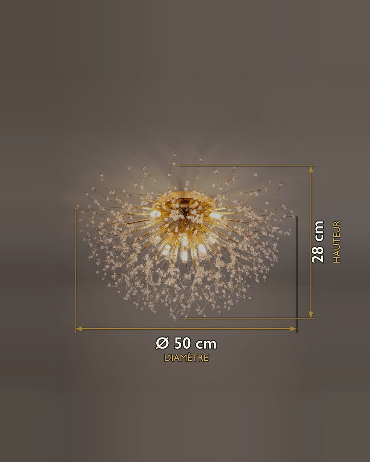 Carte des dimensions du plafonnier feu d'artifice en verre doré