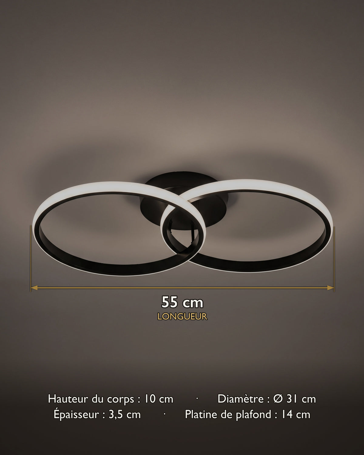 Carte des dimensions du plafonnier LED à double anneau noir entrelacé