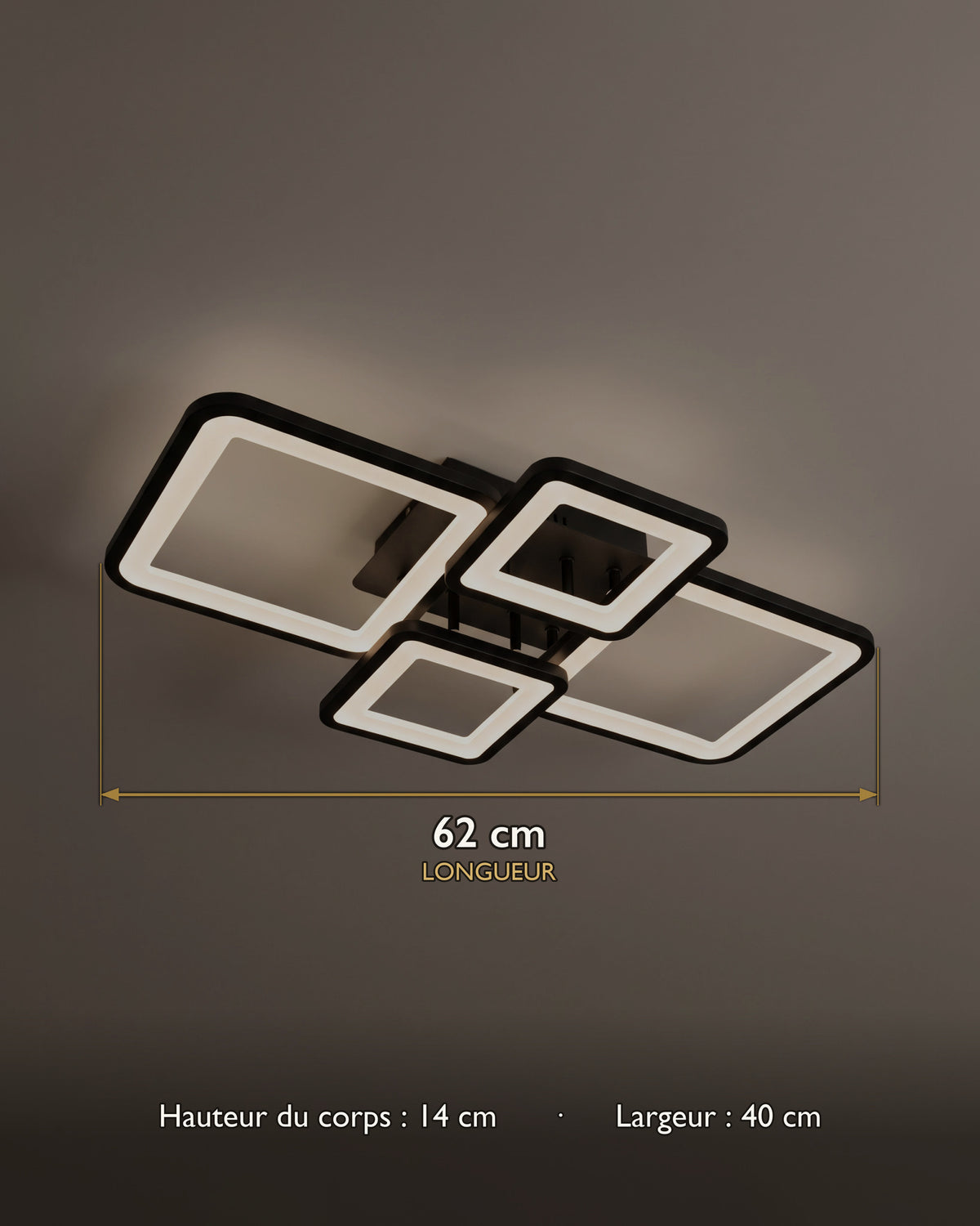 Carte des dimensions du plafonnier LED à quatre cadres rectangulaires étagés