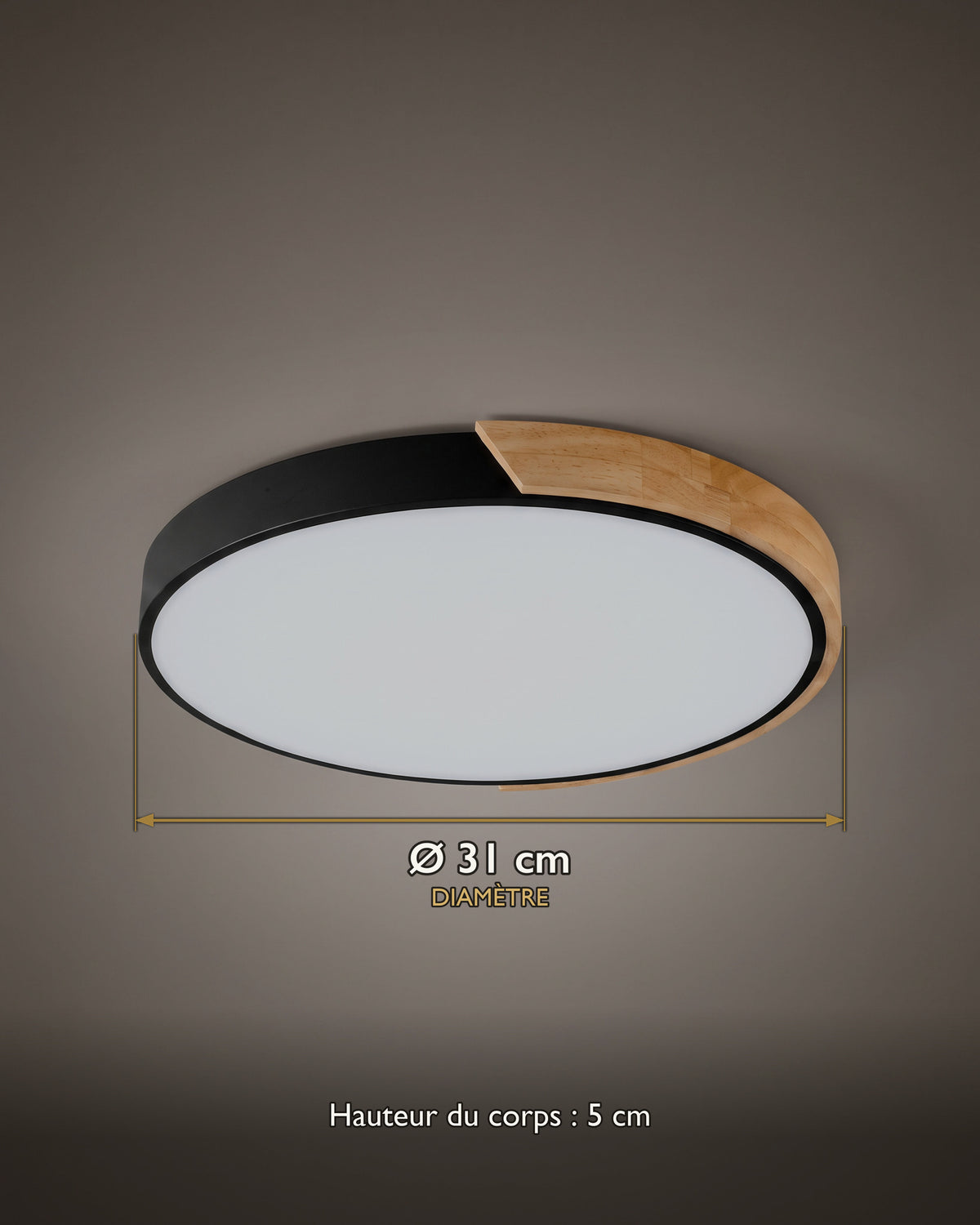 Carte des dimensions du plafonnier LED tambour noir à segment de bois
