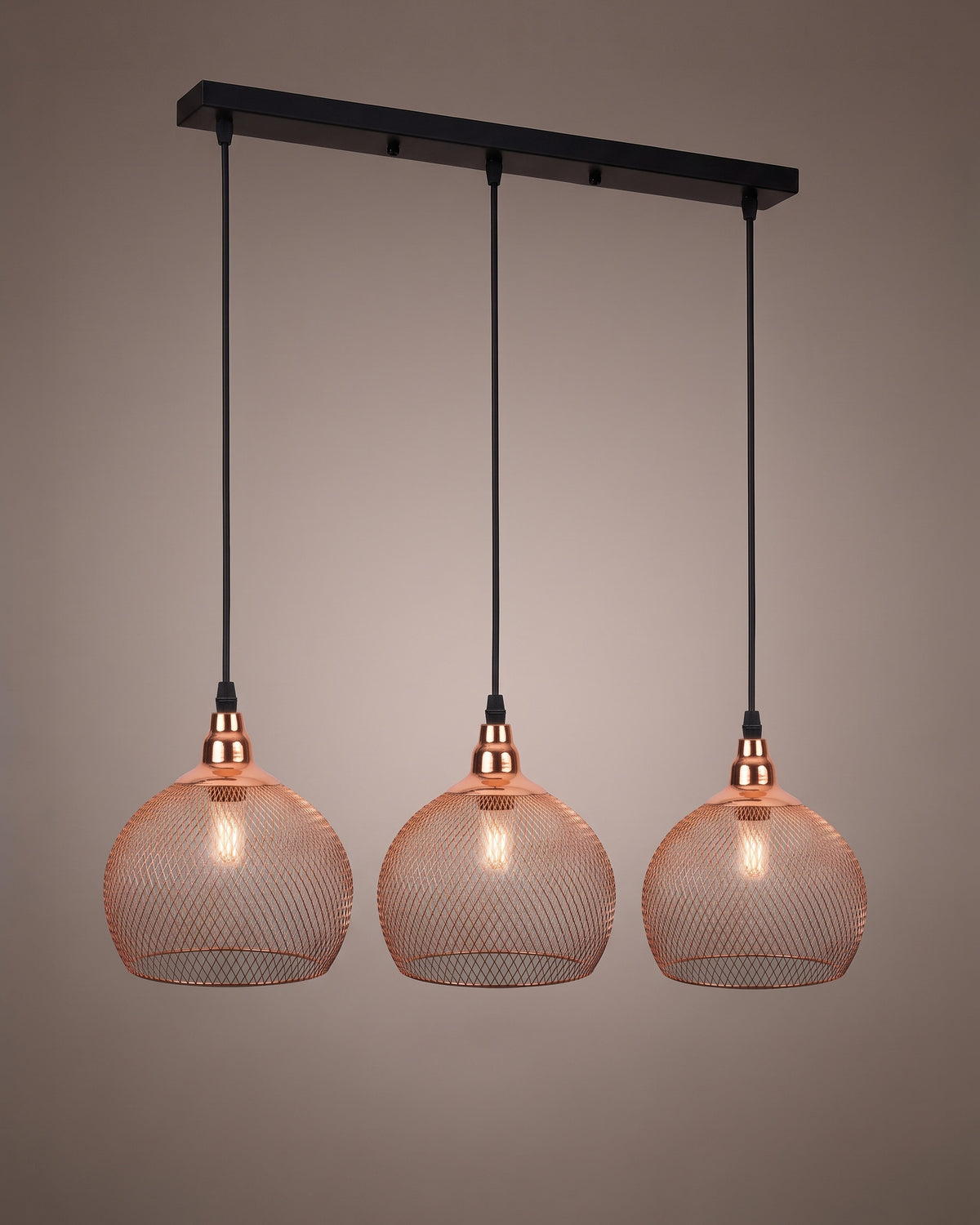 Suspension Résille, 3 cages sur barre, finition cuivre rosé