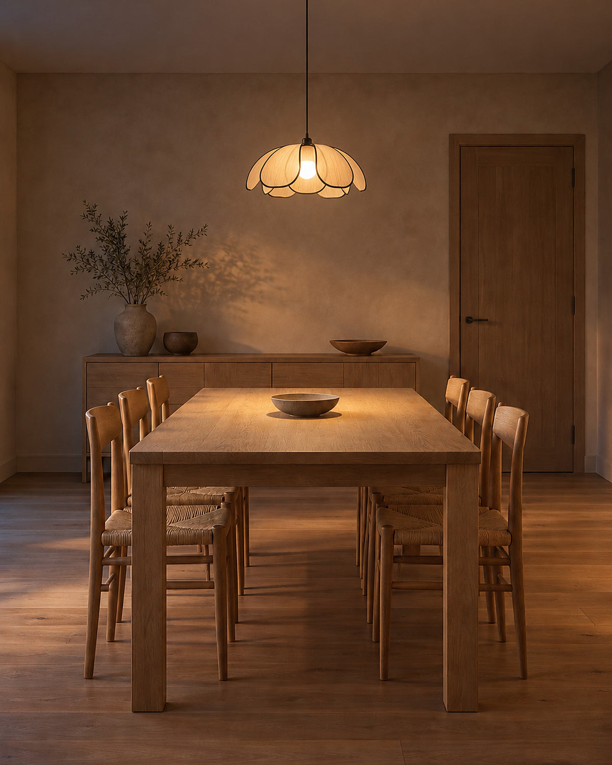 Suspension Pâquerette au-dessus d'une table en chêne, salle à manger, en soirée