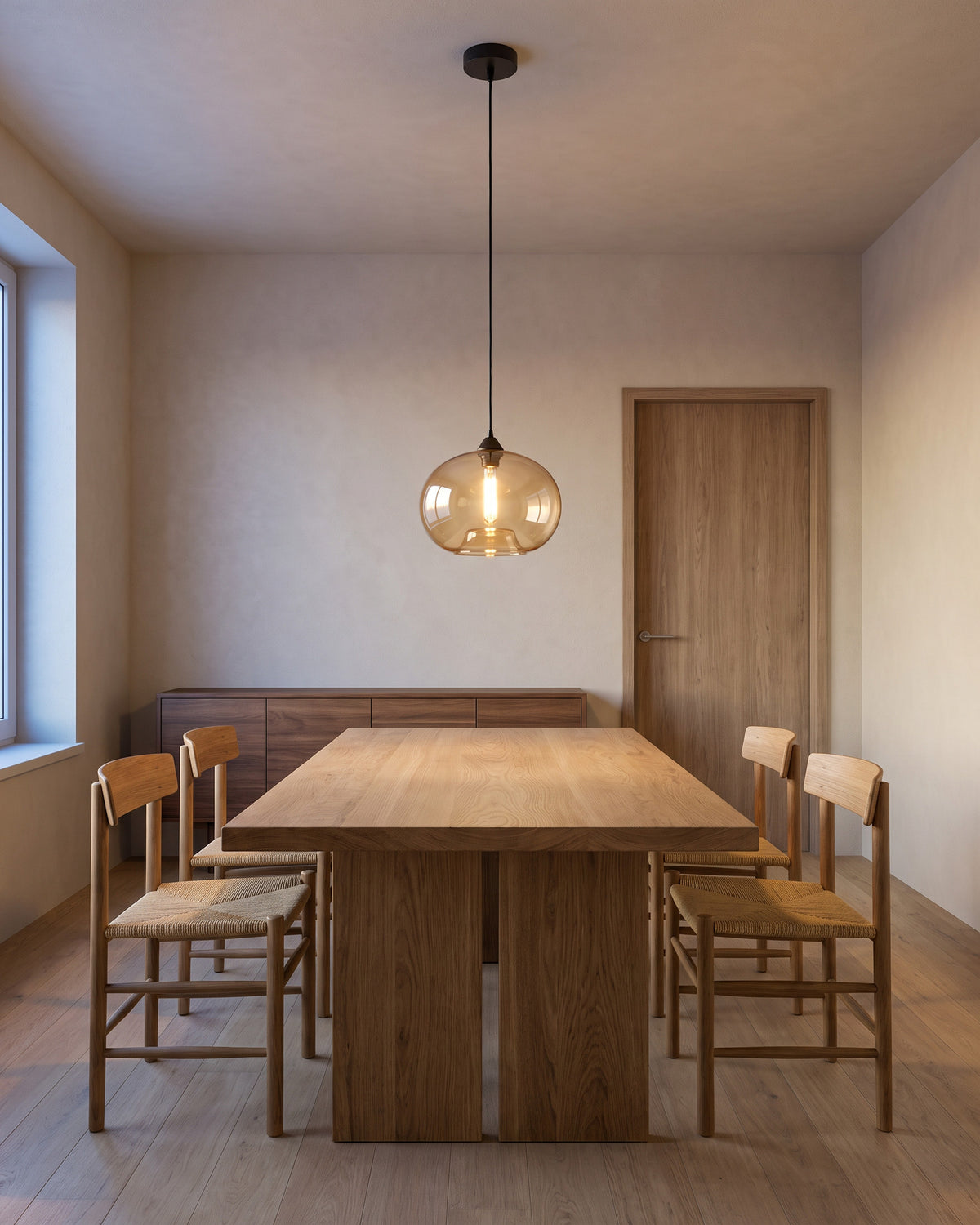 Suspension Larme, au-dessus d'une table en chêne, salle à manger, vue d'ensemble qui montre sa