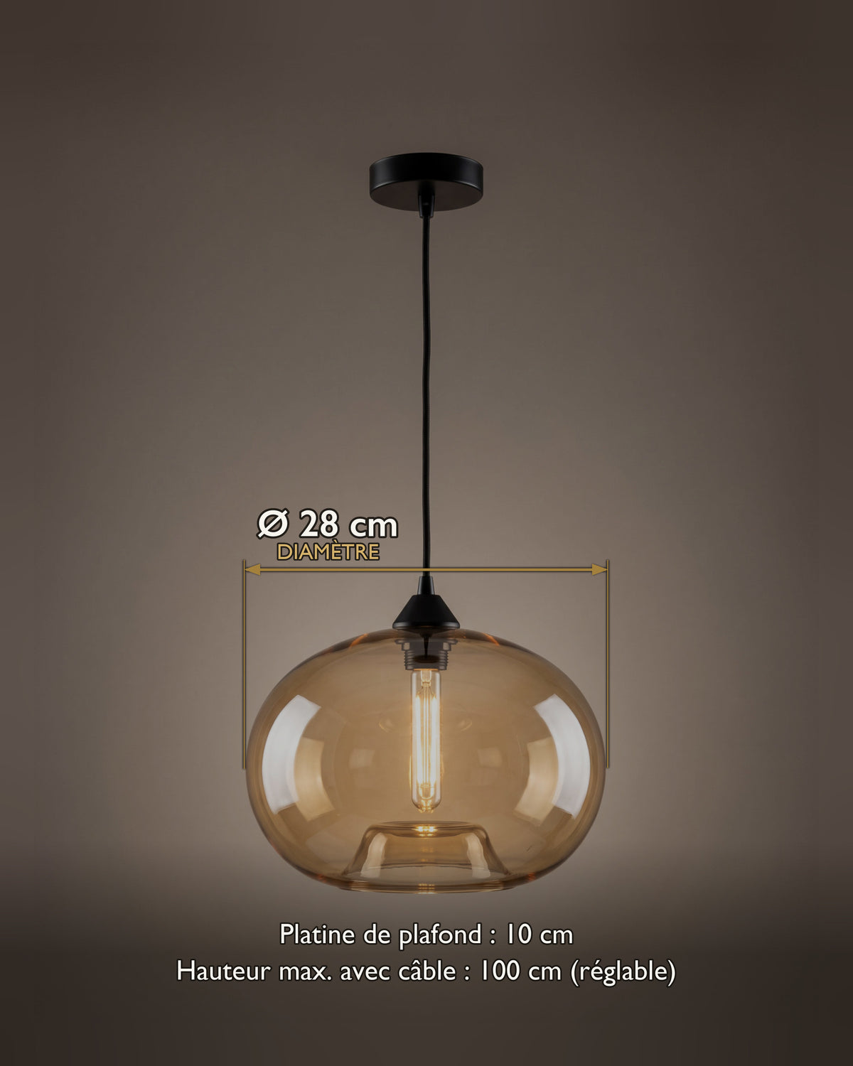 Carte des dimensions de la suspension goutte en verre soufflé teinté