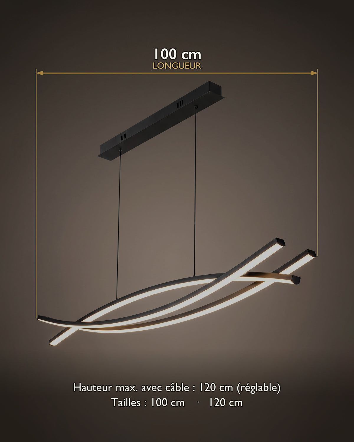 Carte des dimensions de la suspension LED à branches courbes croisées