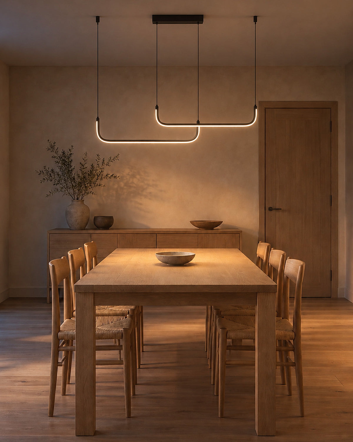 Suspension Étriers au-dessus d'une table en chêne, salle à manger, en soirée