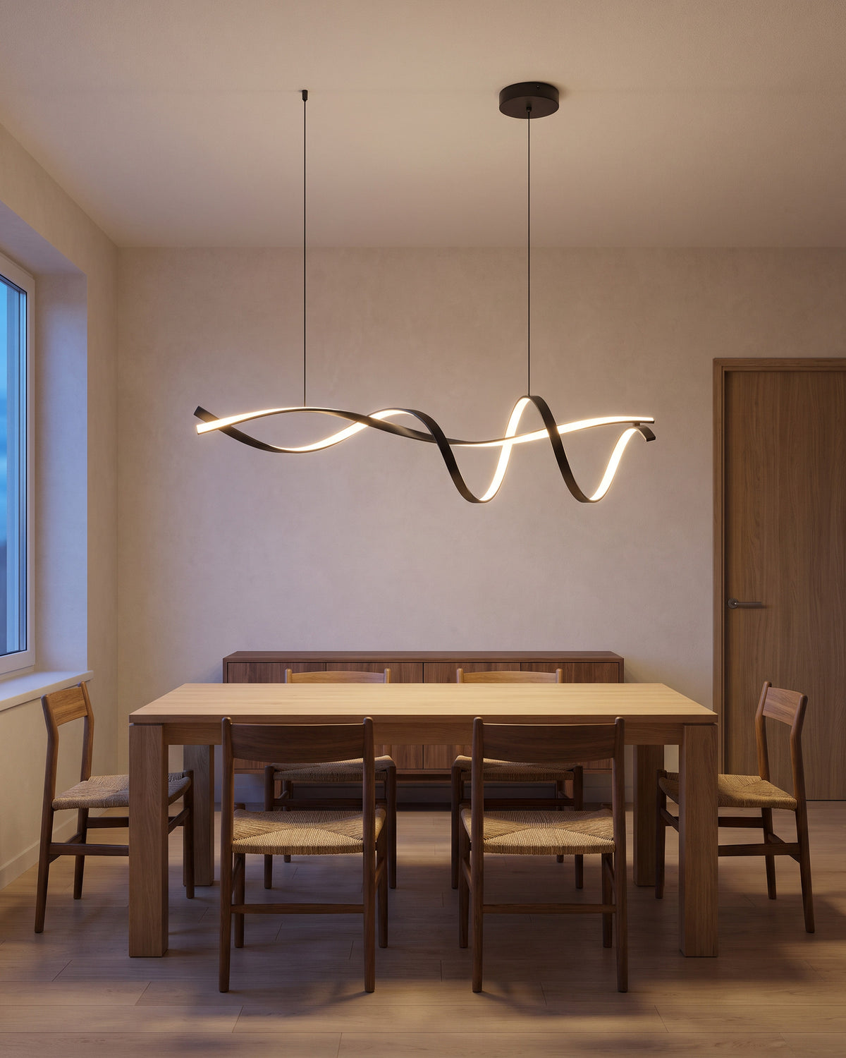 Suspension Houle au-dessus d'une table en chêne, salle à manger, vue d'ensemble qui montre sa taille réelle