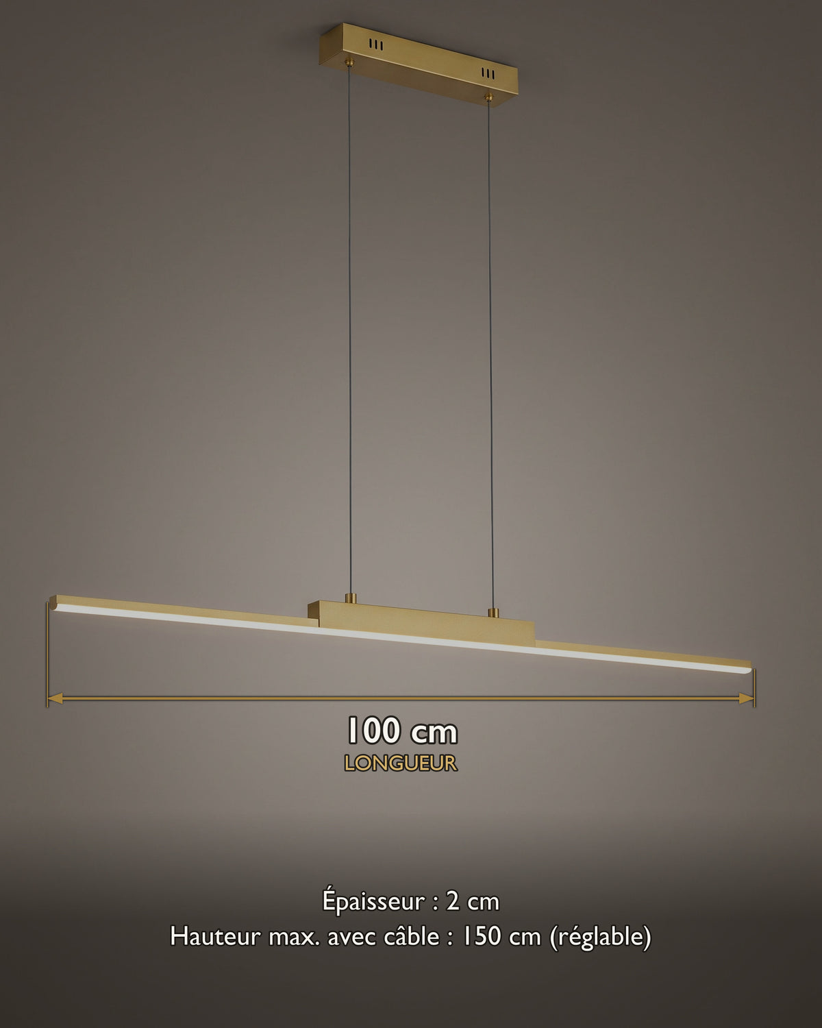 Carte des dimensions de la suspension linéaire LED fine dorée