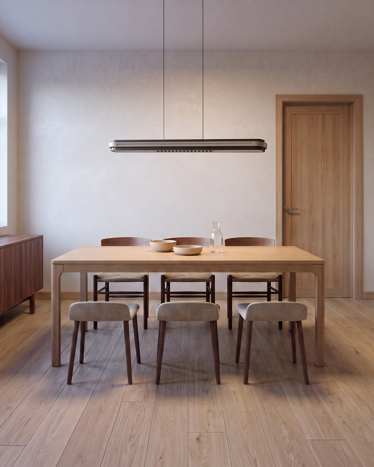 Suspension Graphite éteinte en journée au-dessus d'une table en chêne, salle à manger