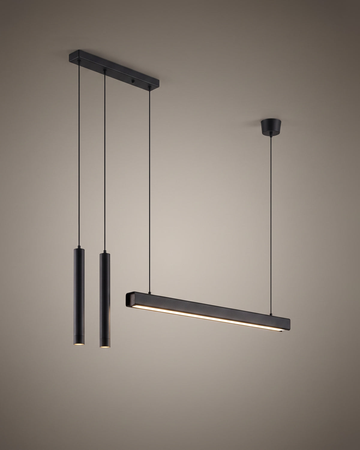 Suspension Duo, barre noire et deux tubes, vue d'ensemble sur fond neutre