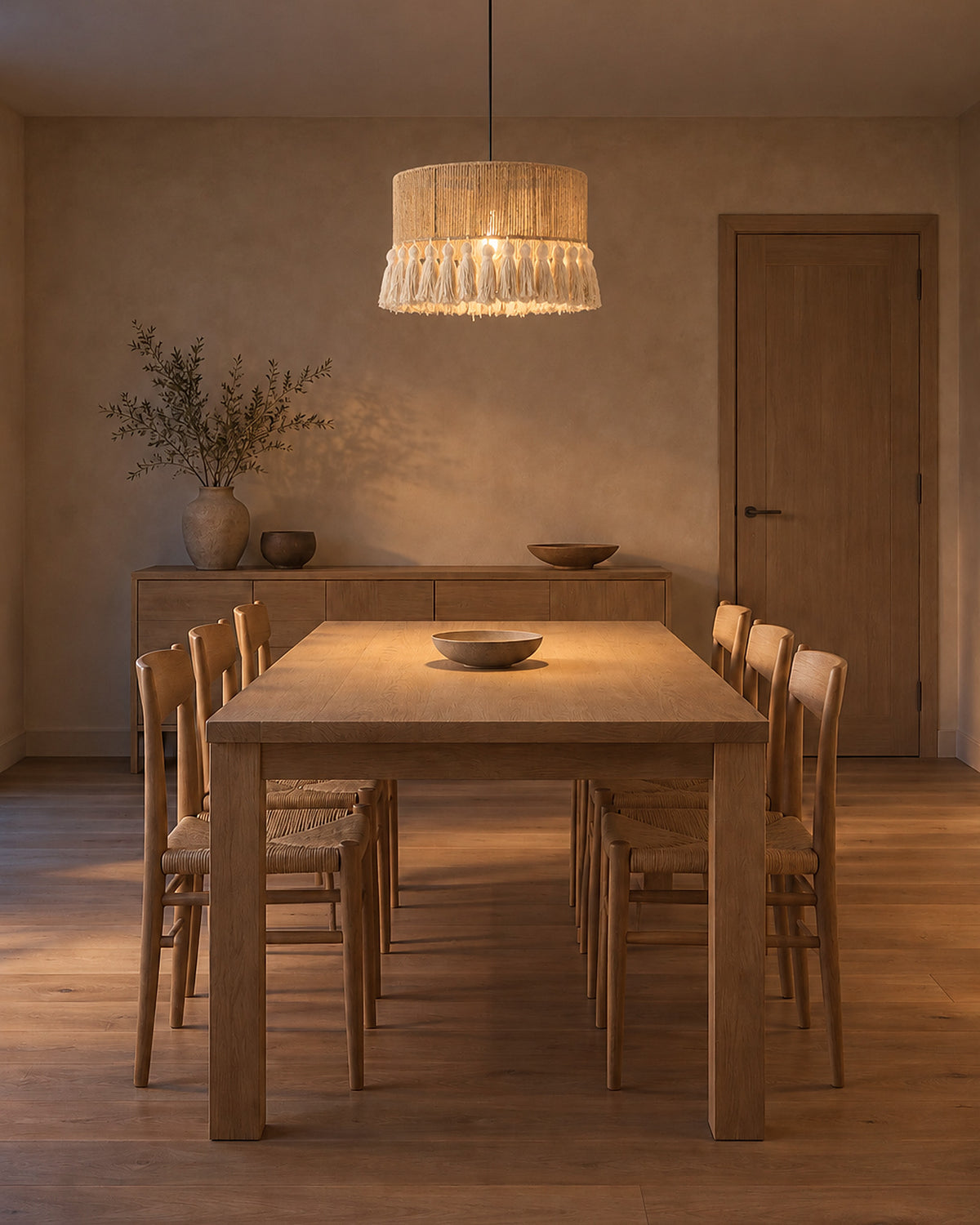 Suspension Corderie au-dessus d'une table en chêne, salle à manger, en soirée