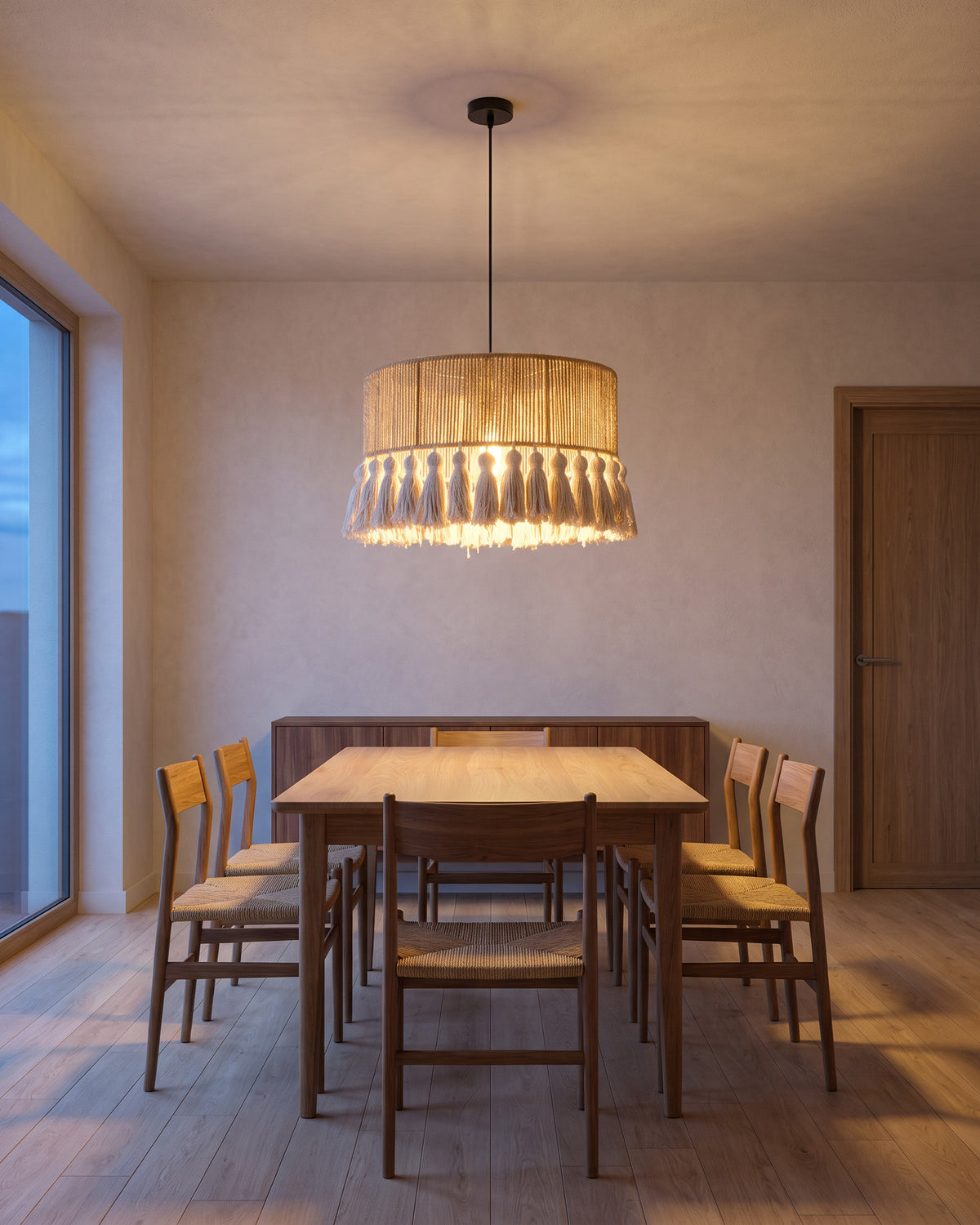 Suspension Corderie au-dessus d'une table en chêne, salle à manger, vue d'ensemble qui montre sa taille réelle