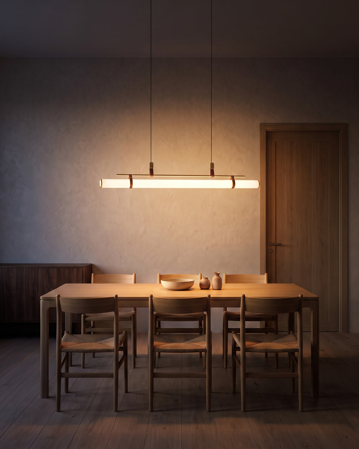 Suspension Boucle, allumée la nuit au-dessus d'une table en chêne, salle à manger, effet de lumière
