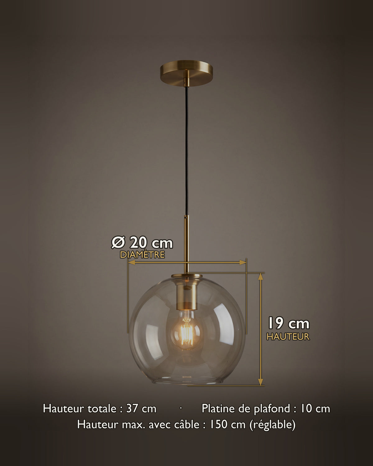 Carte des dimensions de la suspension en verre ambré soufflé et laiton