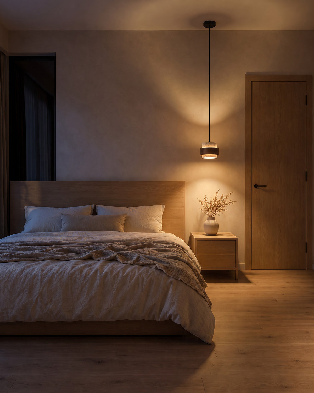 Suspension Tambour allumée la nuit dans une chambre, effet de lumière